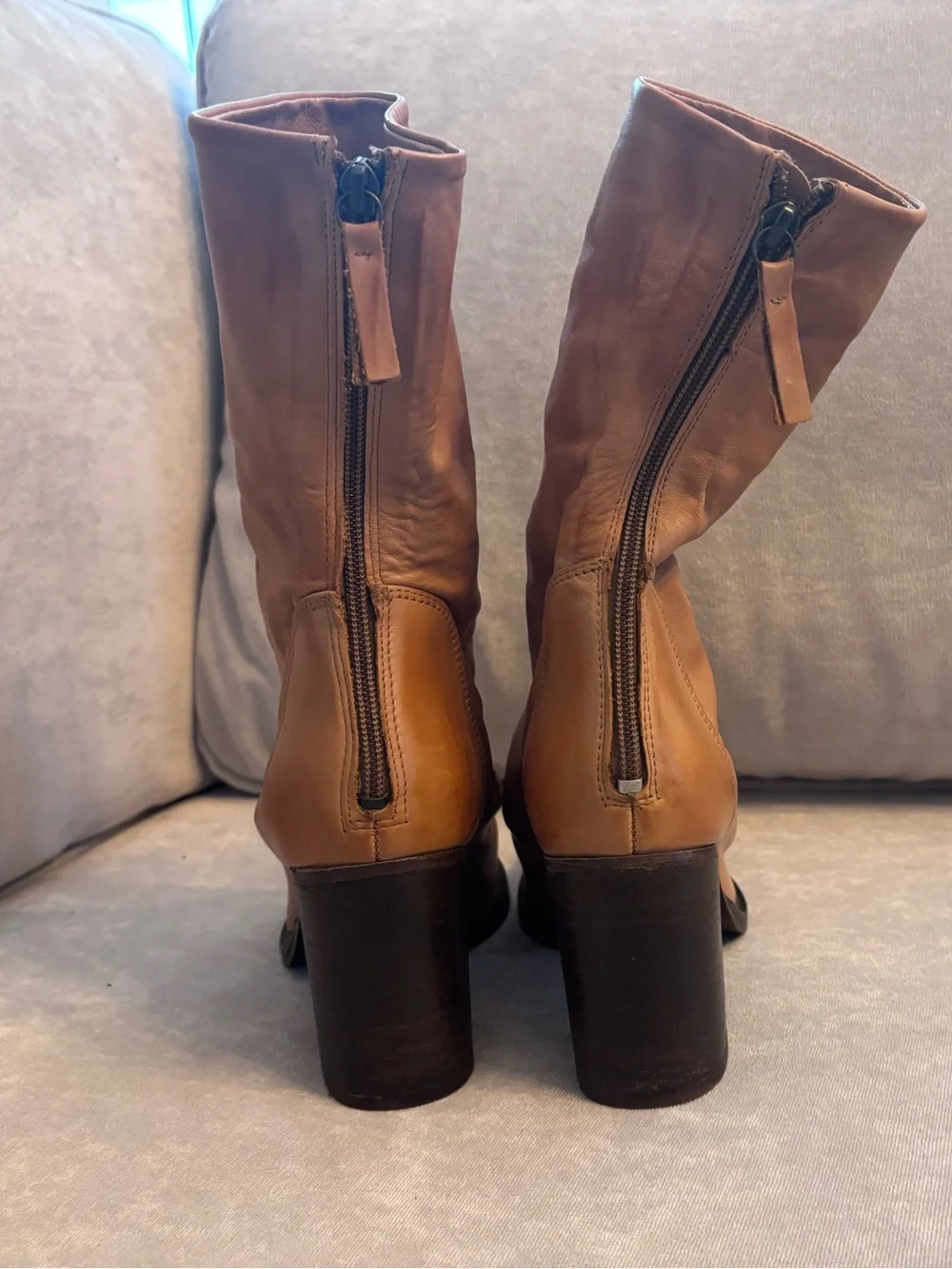 Free People Tan Leather Mid-Calf Block Heel Boots